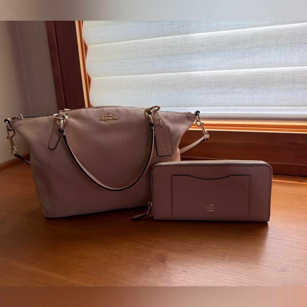 Coach Beige Pebbled Leather Satchel Crossbody + Matching Wallet